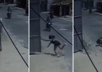 Mulher é derrubada por vento, cai na rua e é atingida por motocicleta